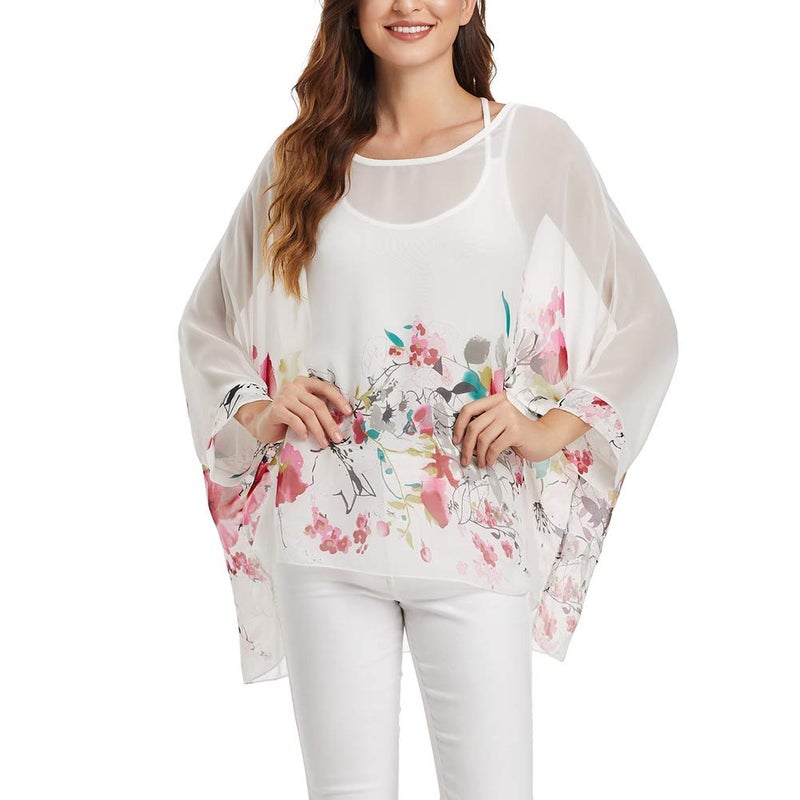Ckikiou Plus Size Batwing Flowy Semi Sheer Chiffon Blouse Tunic for Women Summer Floral Print Boho Beach Cover ups - Image 1
